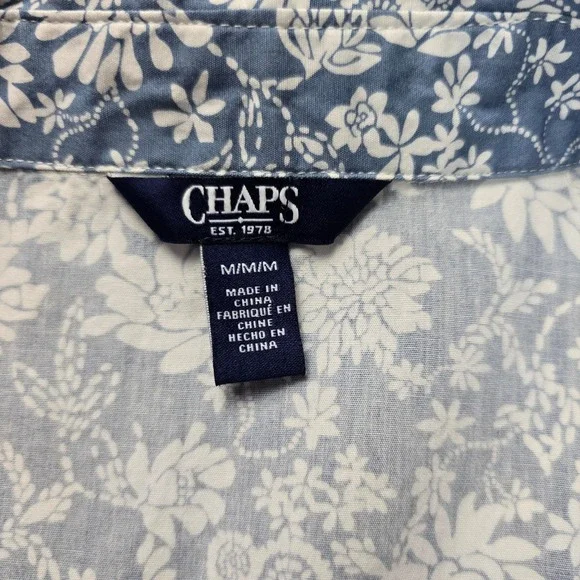 CHAPS Women's Floral Shirt Dress Button Front Ruffle Roll Tab Sleeve Blue Medium - Picture 5 of 14